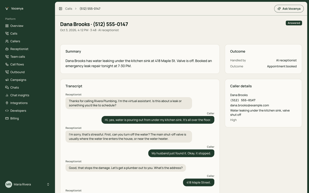 A call in the Vocenya portal for Rivera Plumbing (example): the AI’s summary of a kitchen-sink leak booked for 7:30 PM, the outcome “Appointment booked”, the caller’s details and the transcript.