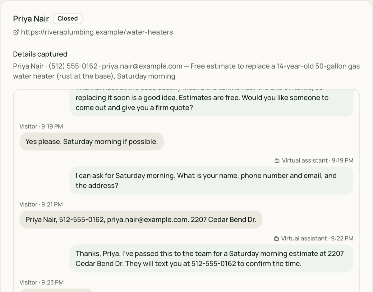 A website chat in the Vocenya portal: a visitor asking about replacing a water heater, answered by the virtual assistant, with the name, number, email and request it captured.